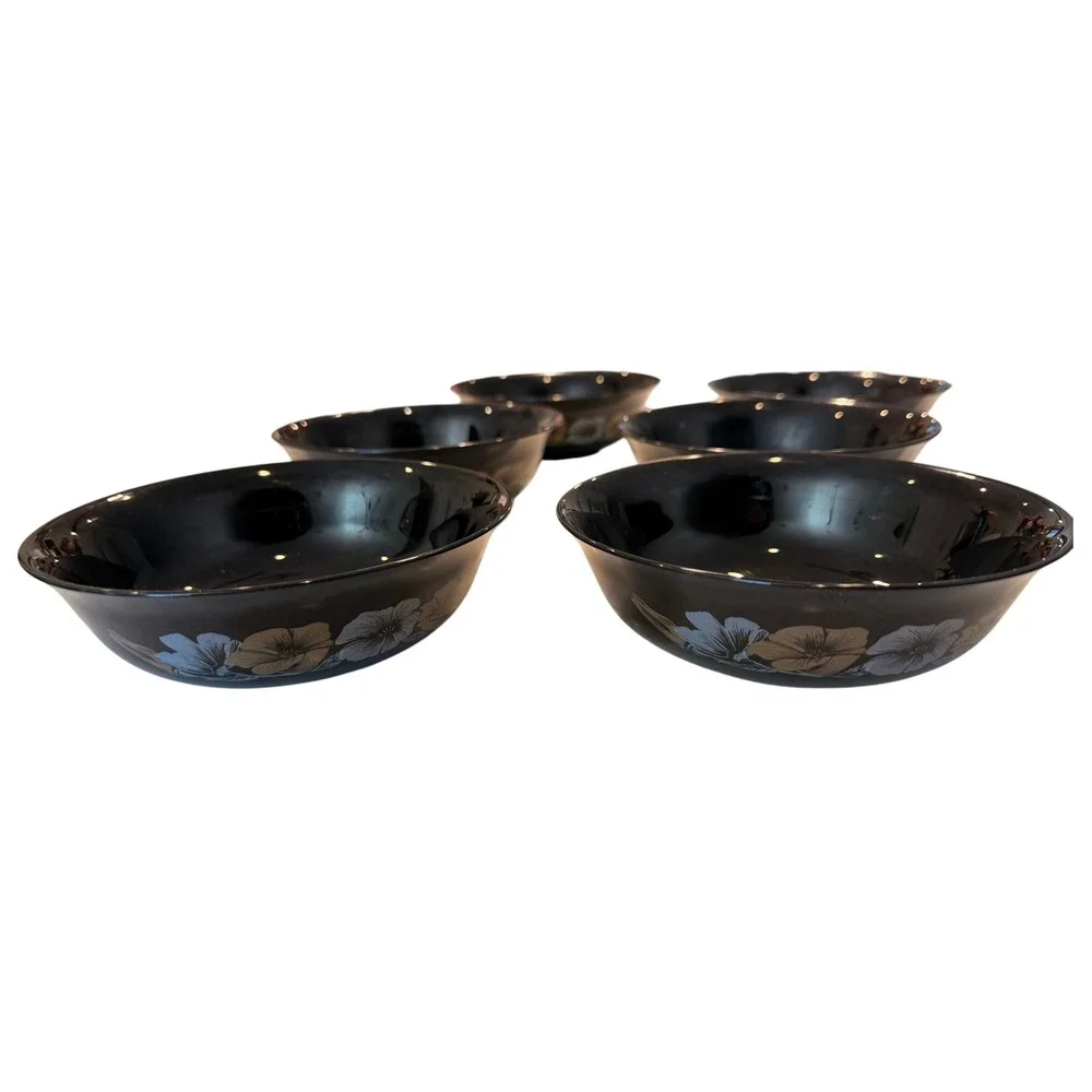 Arcoroc France Julie Black Floral Soup Bowls Set 6 Glass Vintage Black Glass